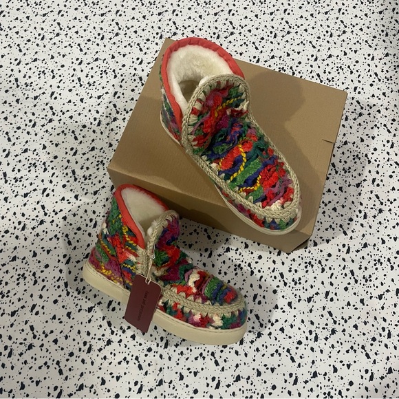 Mou Shoes - Mou Multicolor Crochet Knit Fleece-Lined Boots